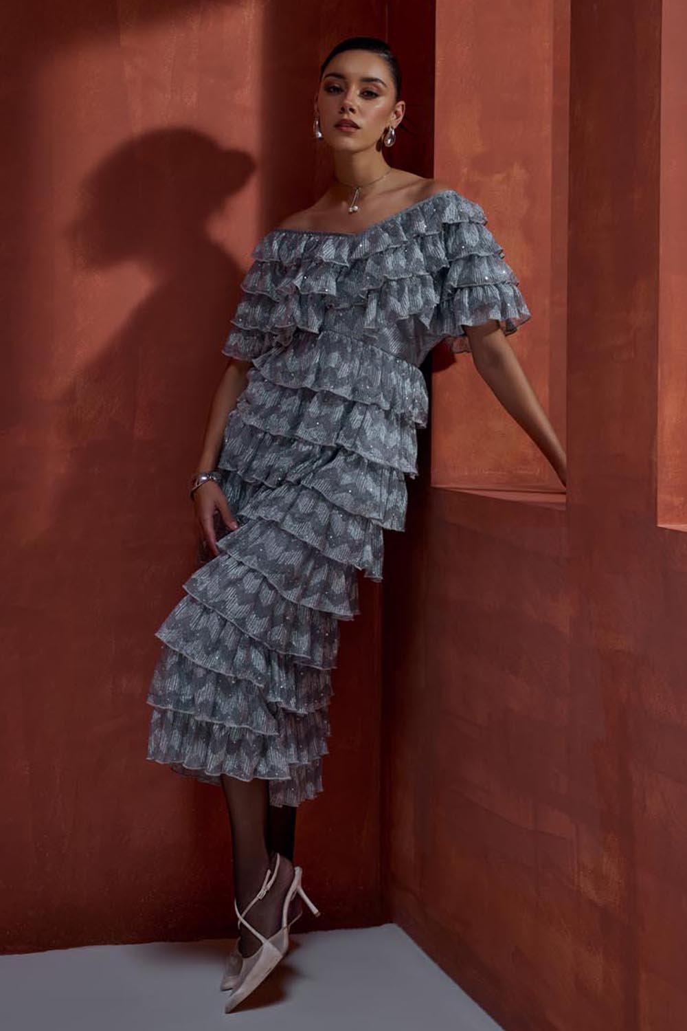 Off the Shoulder Mettalic Ruffled Midi Dress