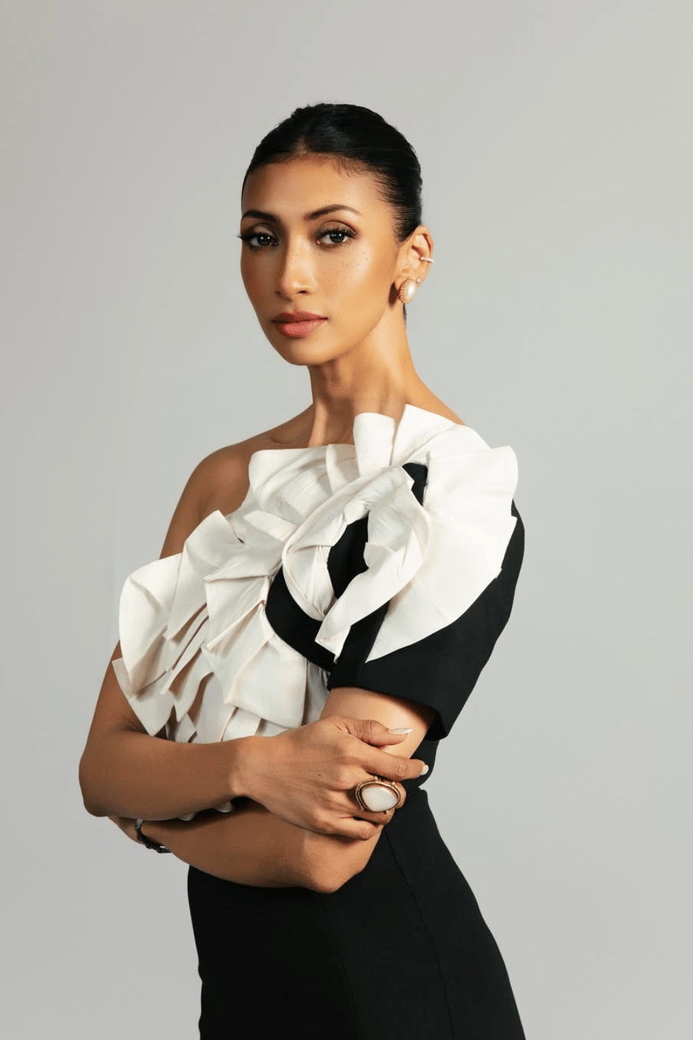 Compact Stretch Taffeta Ruffle One Shoulder Midi Dress