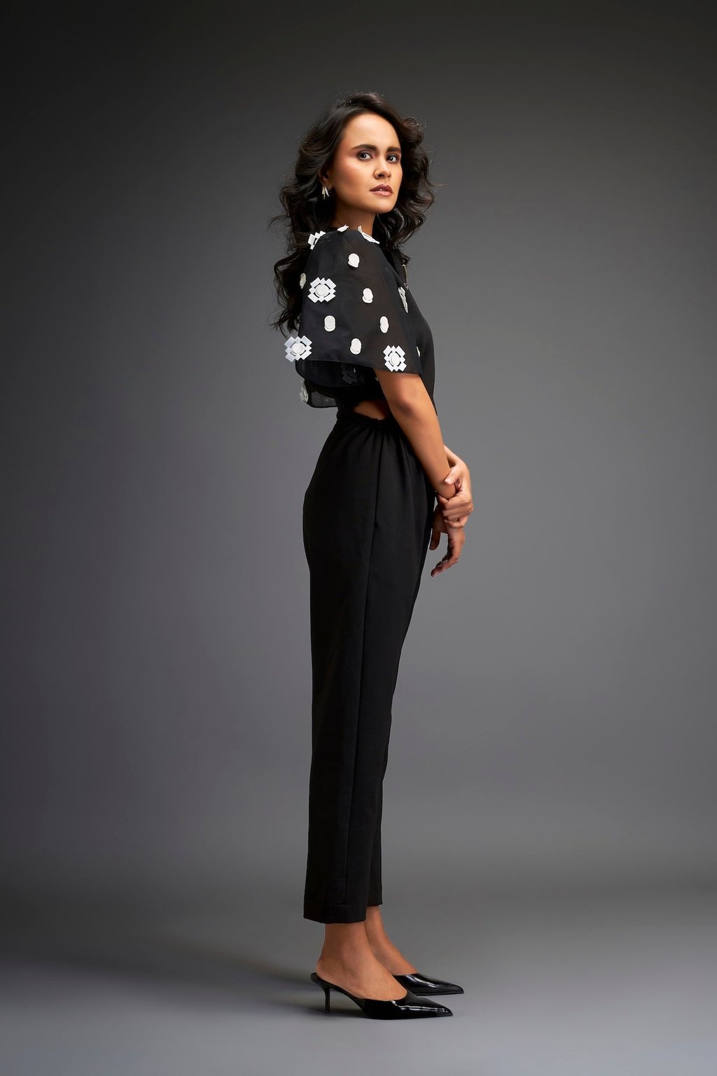 Black Embroidered Sleeves Jumpsuit with Belt