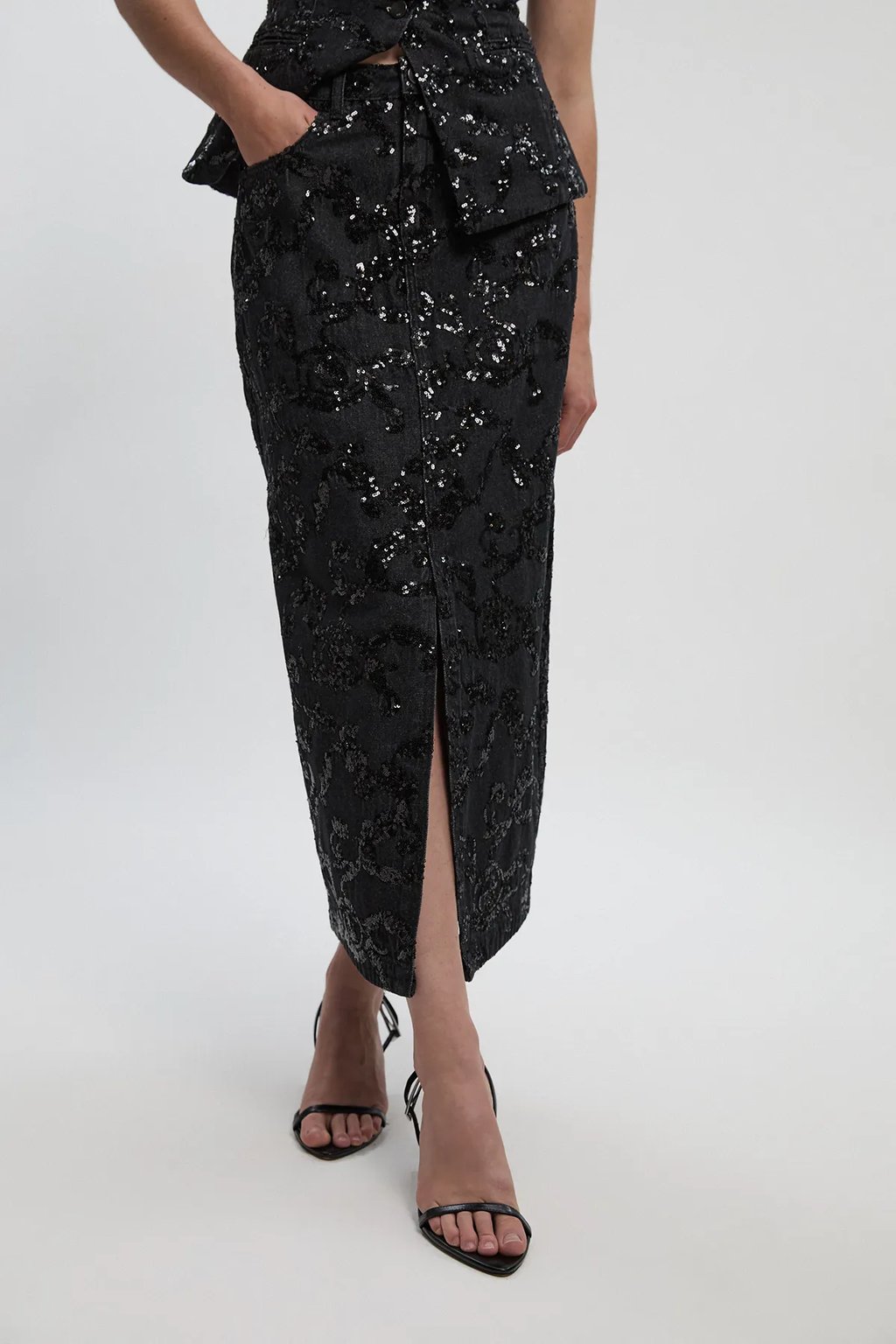 Sequin Denim Pencil Skirt
