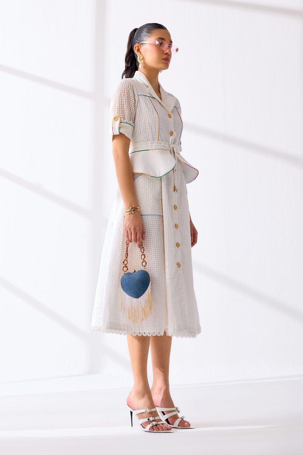Hathway Dress with Peplum Belt White