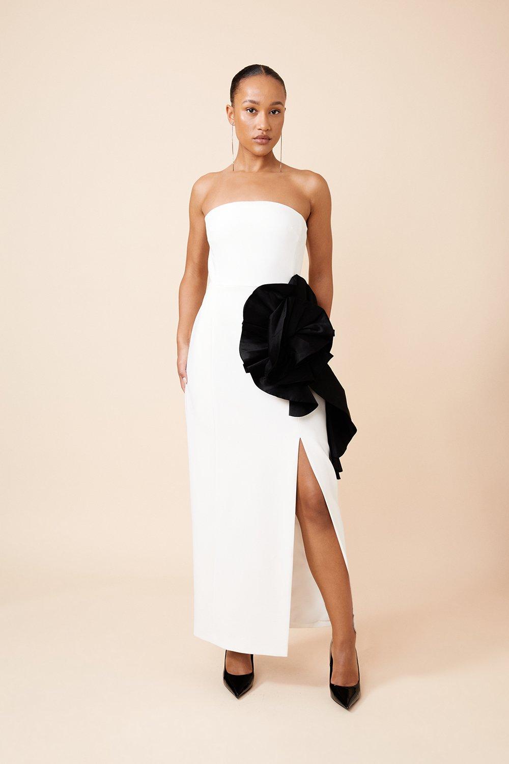 Compact Stretch Taffeta Rosette Midi Dress