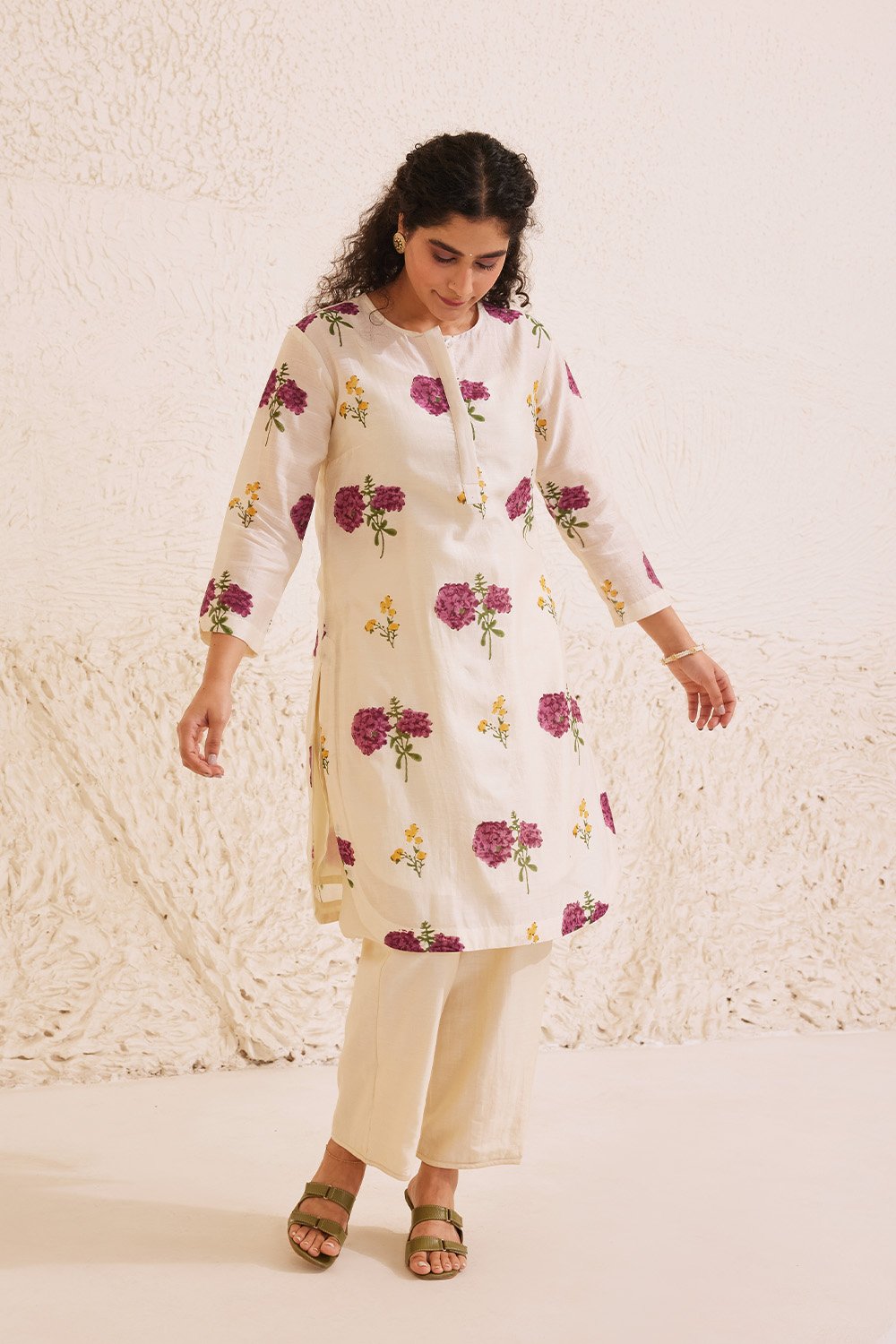 Ivory Chanderi Hand Block Floral Kurta Set