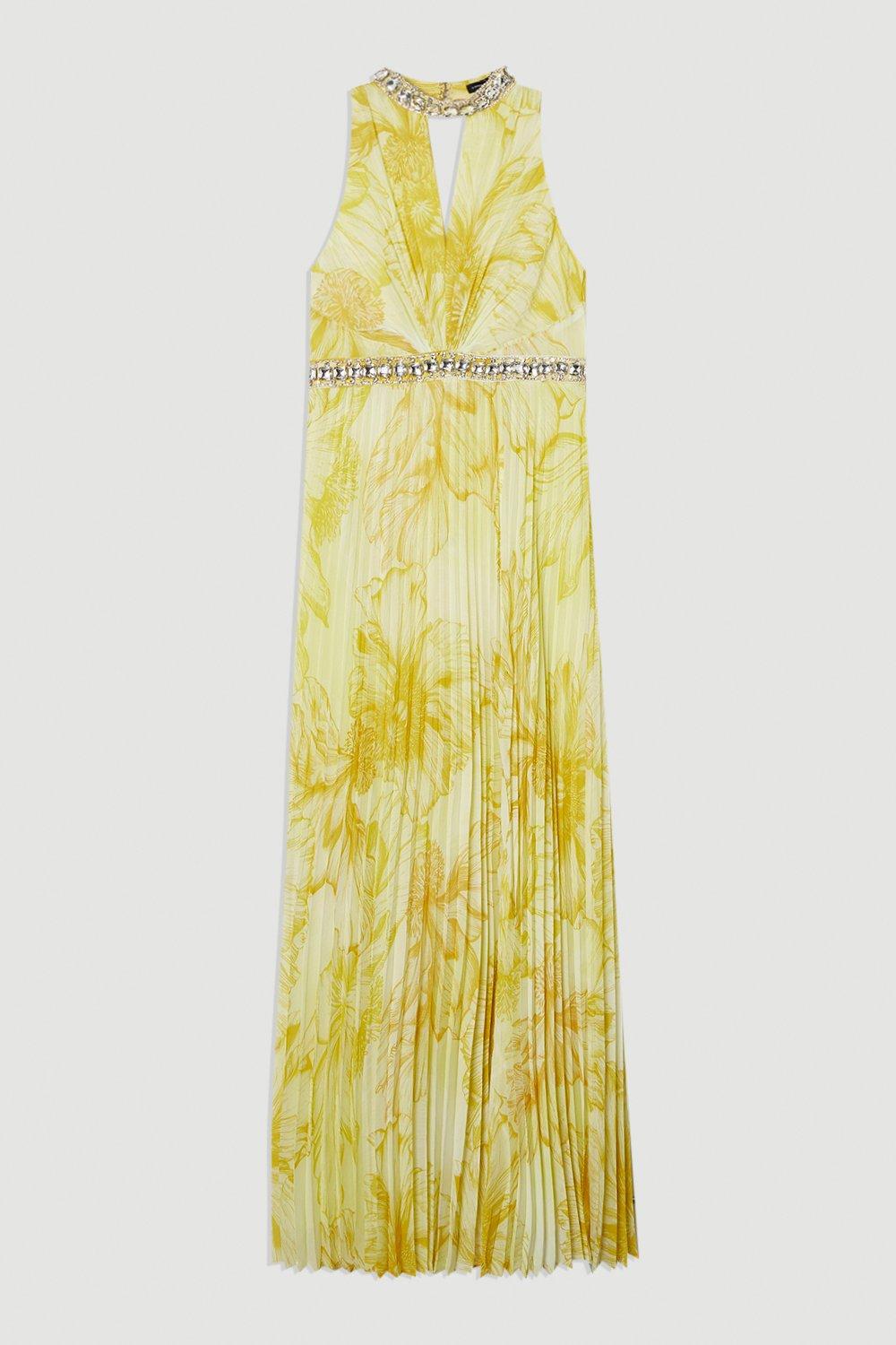 Abstract Floral Crystal Embellished Woven Split Maxi Dress