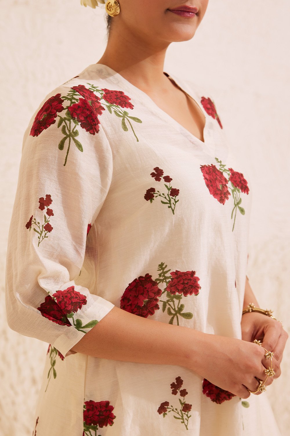 Ivory Chanderi  Hand Block Floral Print Kurta Set