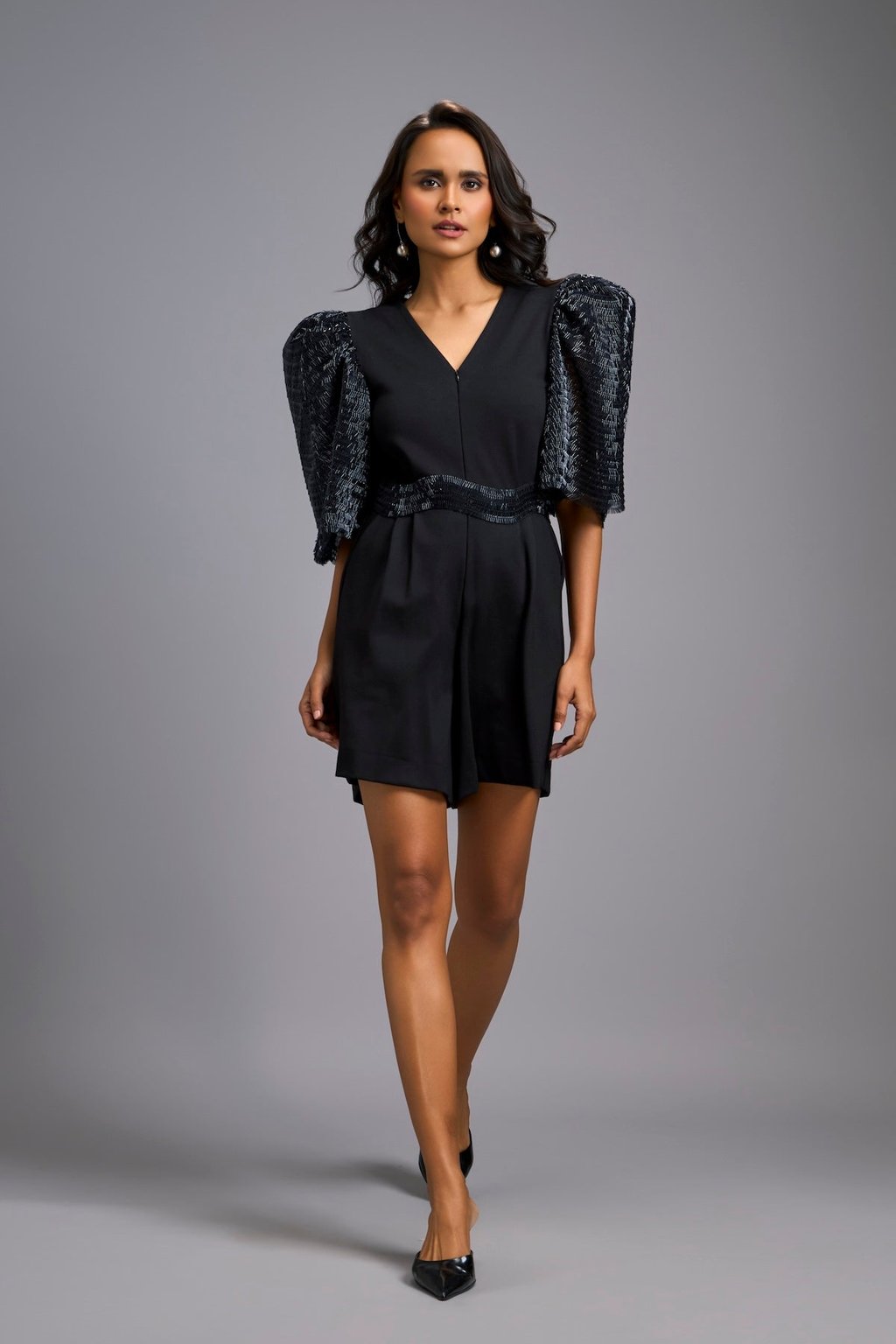 Black V-Neck Playsuit with Shimmer Belt