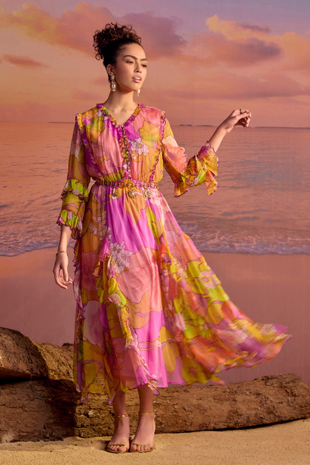 Ruffled Printed Midi Dress