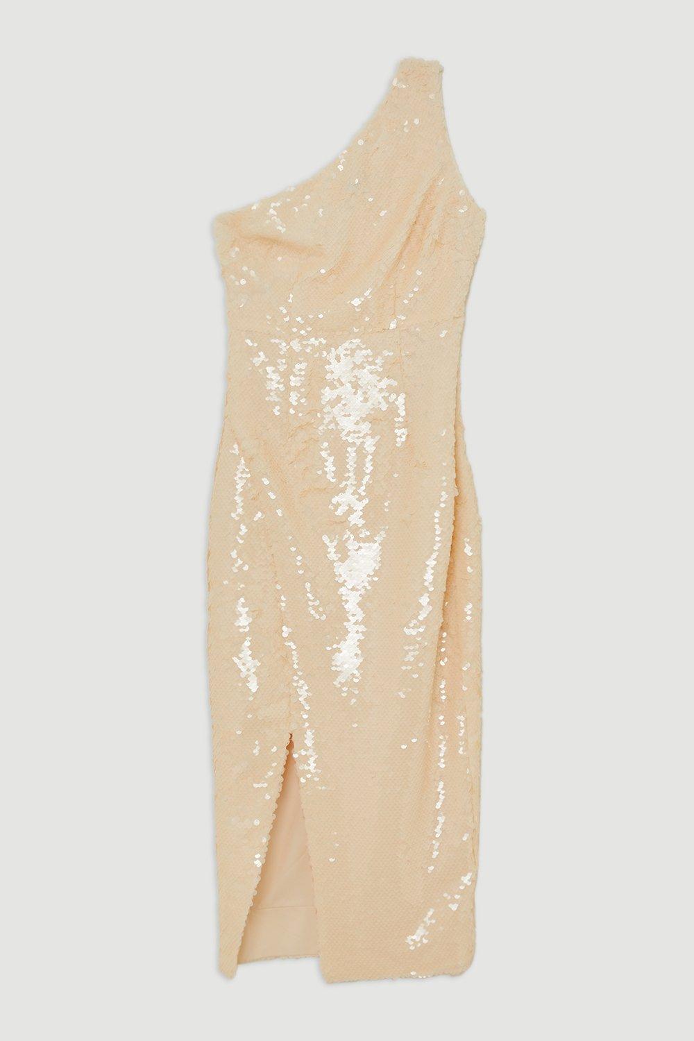 Layered Sequin One Shoulder Woven Split Midi Dress