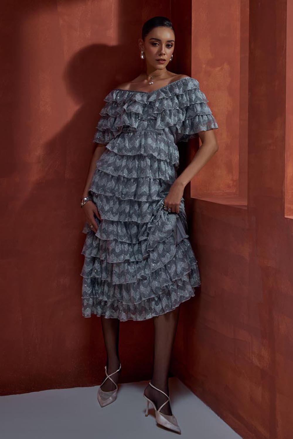 Off the Shoulder Mettalic Ruffled Midi Dress