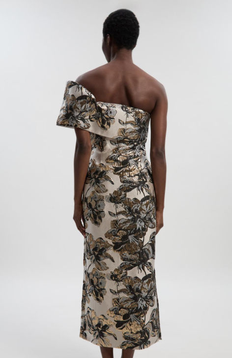 Floral Jacquard Asymmetric Neck Pencil Dress