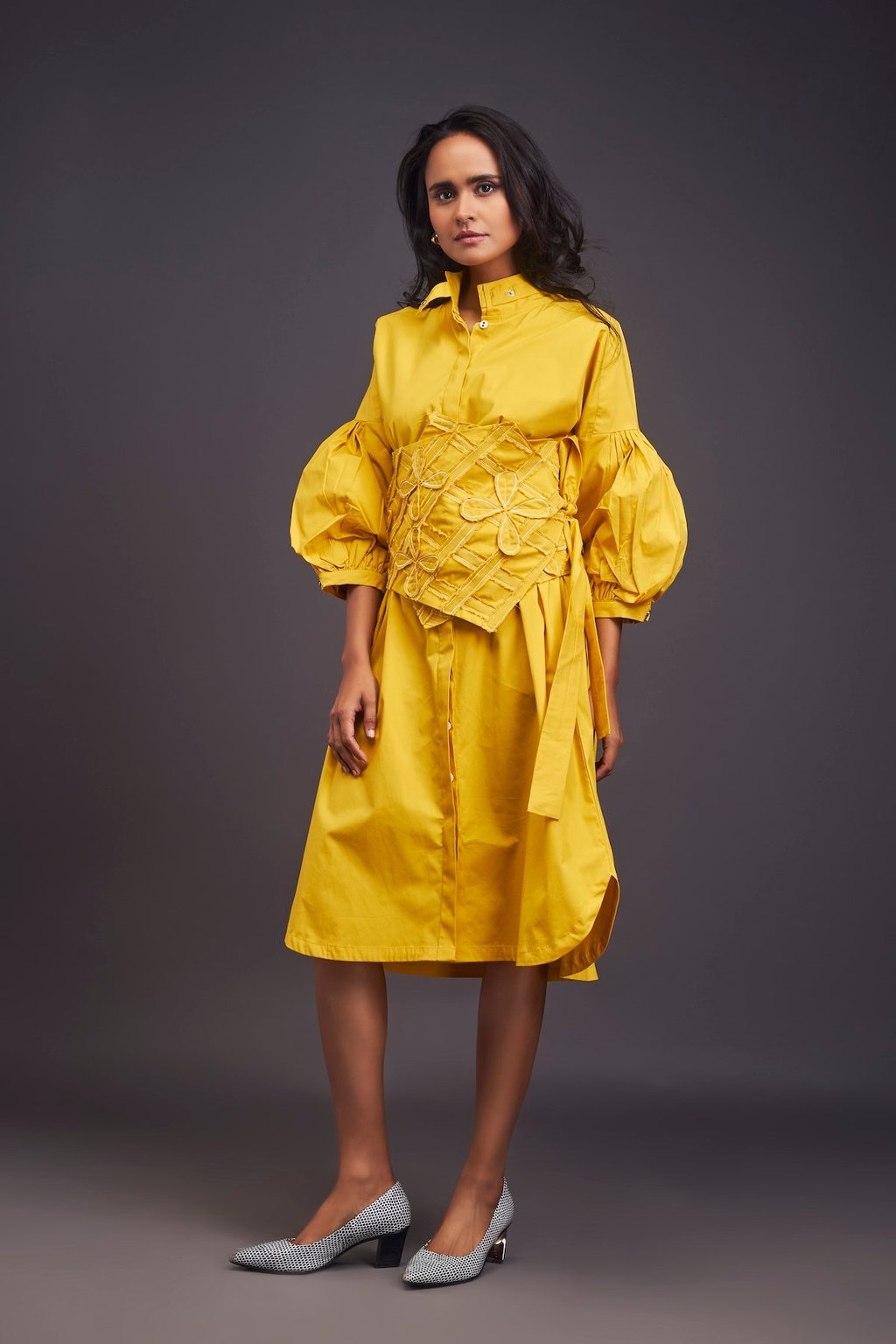 Shirt Dress with Applique Corset Style Tie up Belt