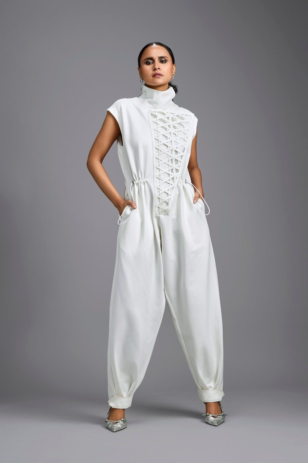 Jumpsuit with Woven Leather Panel