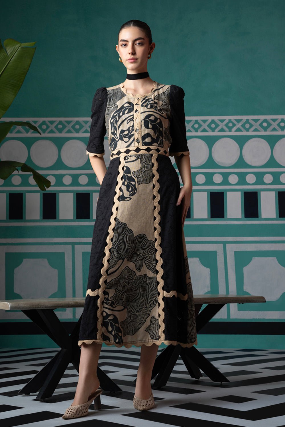 Print and Eyelet Lace Dress