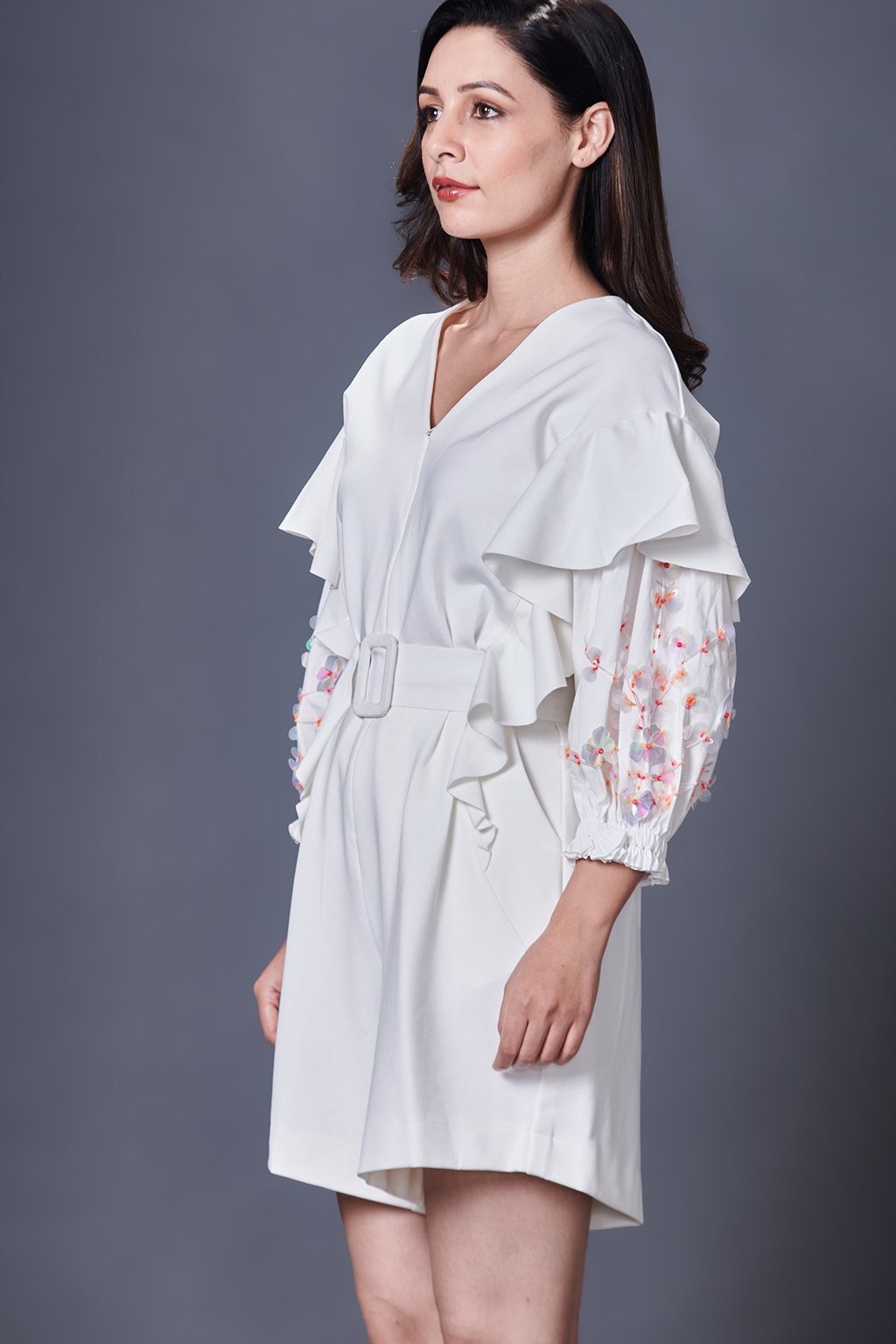 White Playsuit with Hand Embroidered Sleeve & Belt