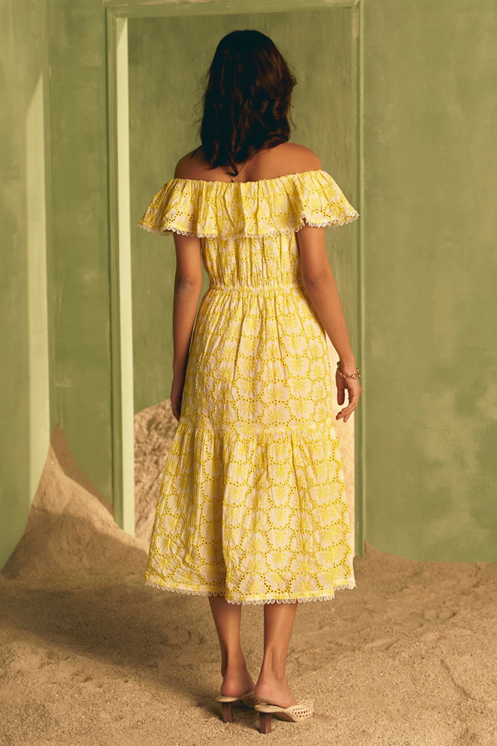 Sunkissed Eyelet Lace off the Shoulder Midi Dress