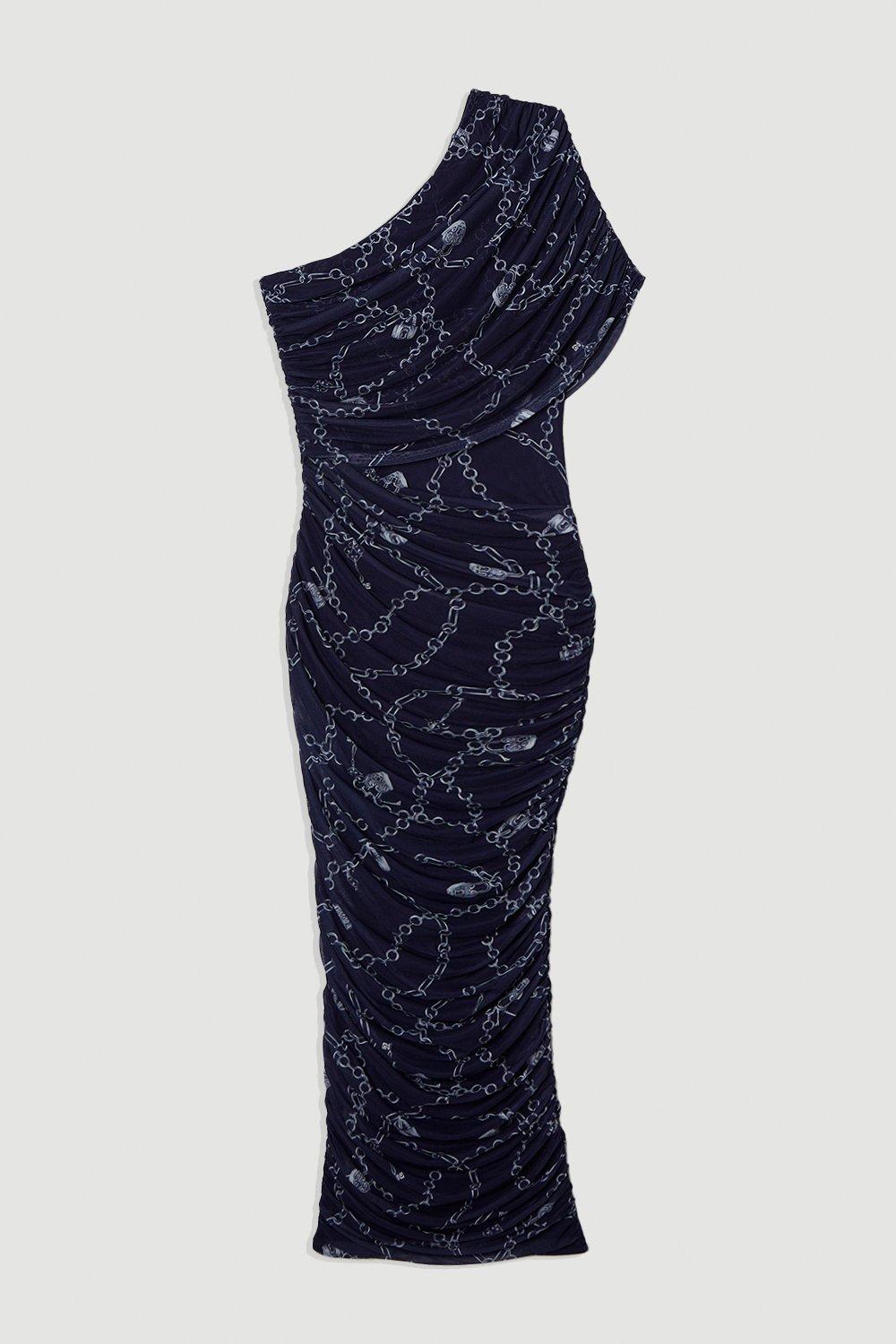 Chain Print Mesh One Shoulder Midi Dress