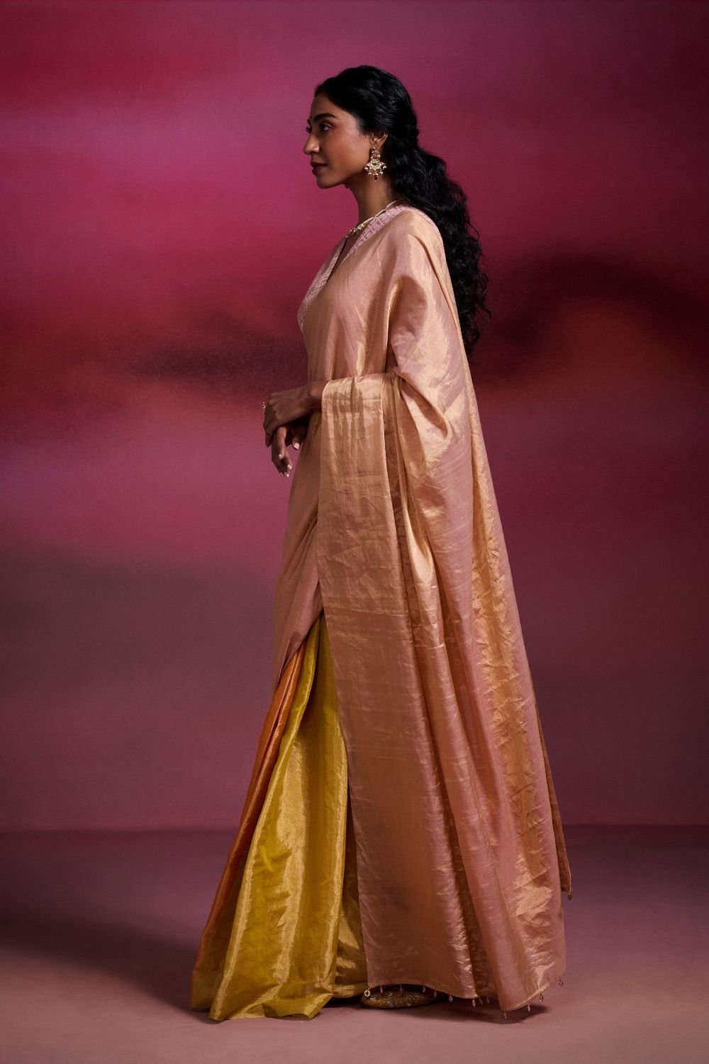 Metallic Peach & Bright Orange-Yellow Tissue Saree