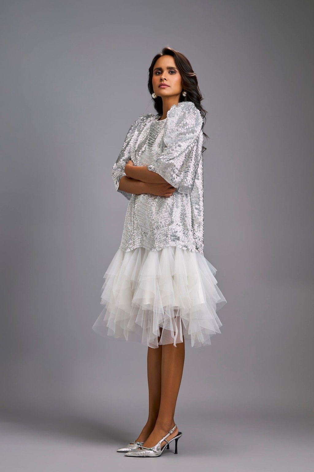 White Shimmer Dress with Puff Sleeves & Tulle Hem