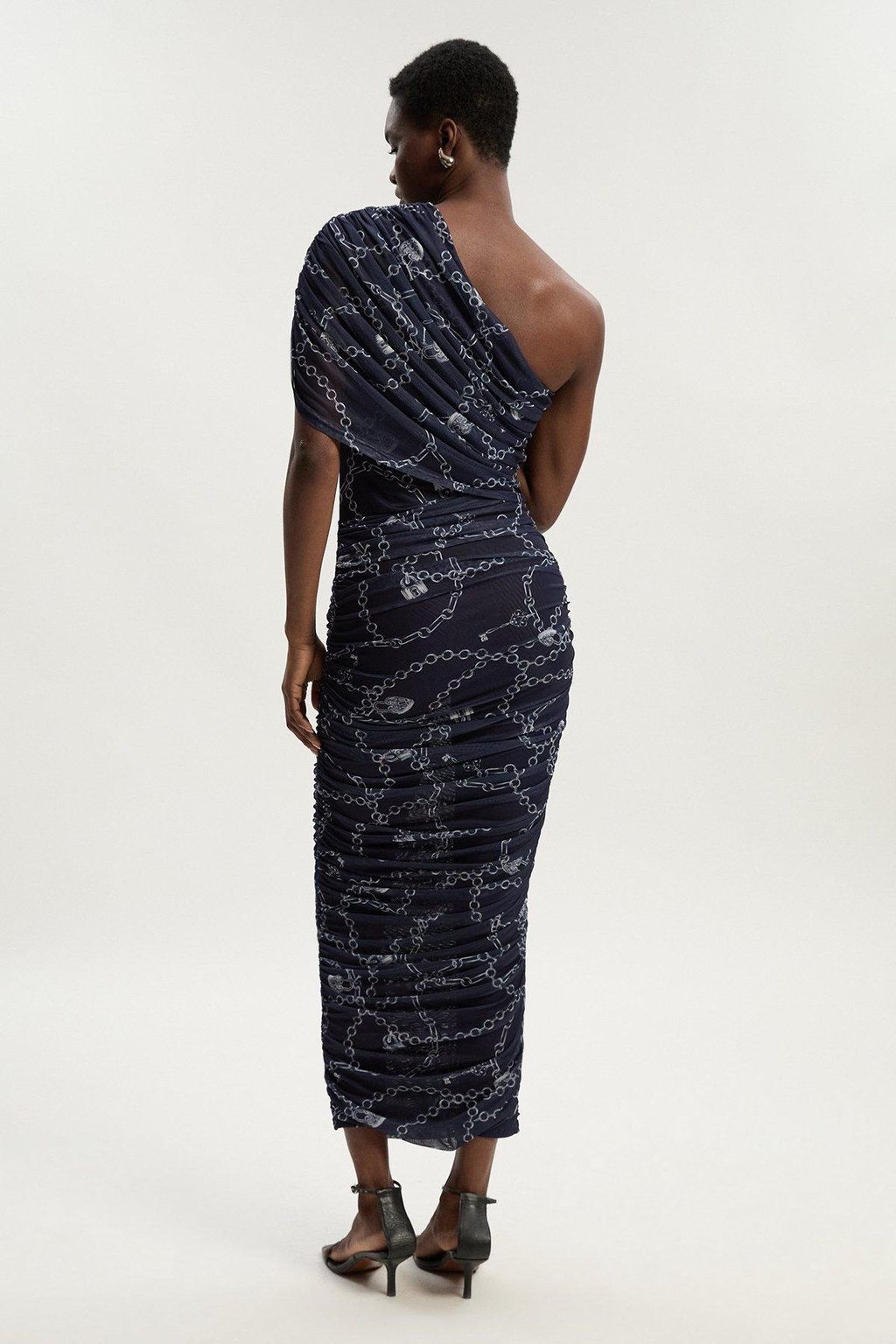 Chain Print Mesh One Shoulder Midi Dress