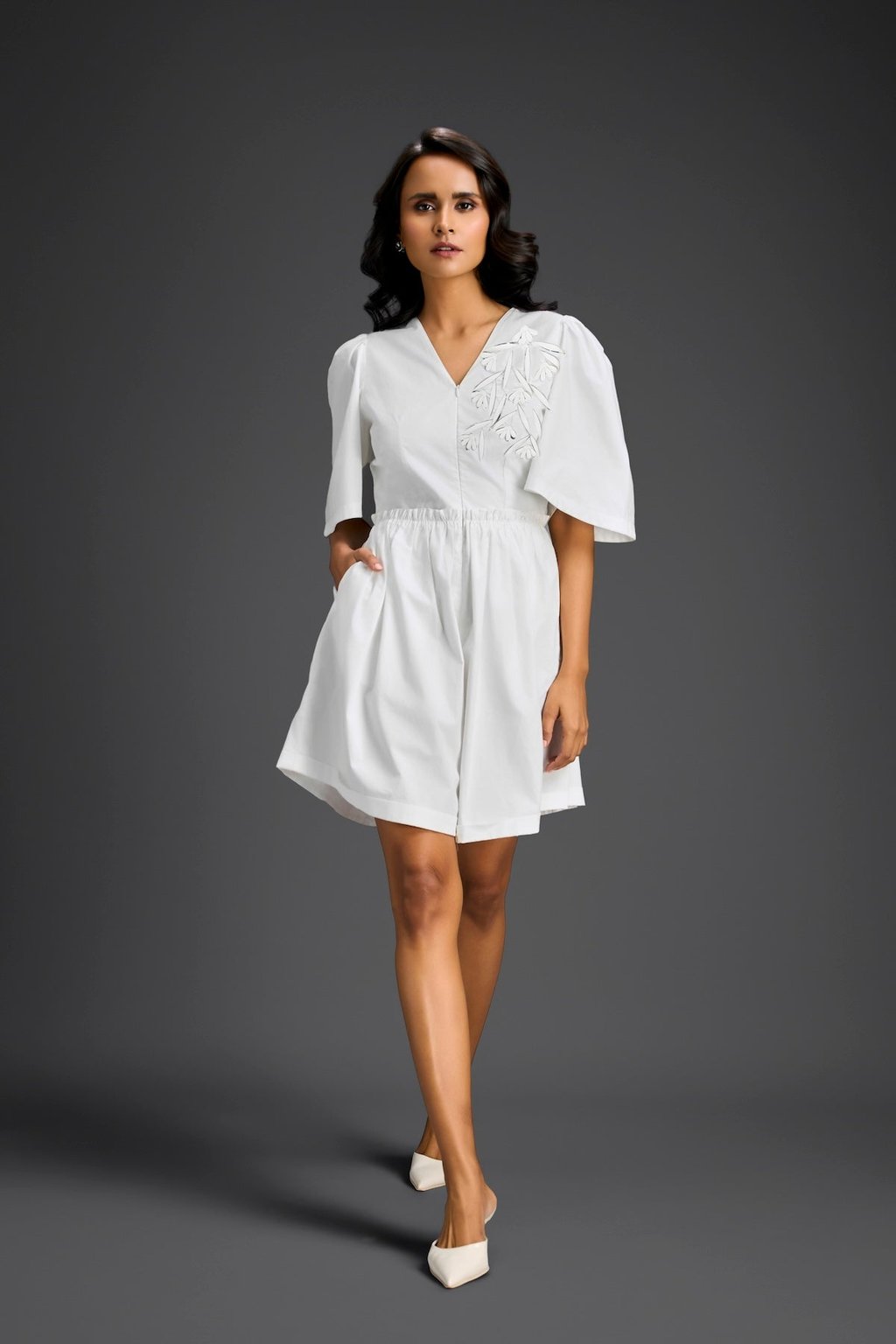 White 3d Floral Embellished Playsuit