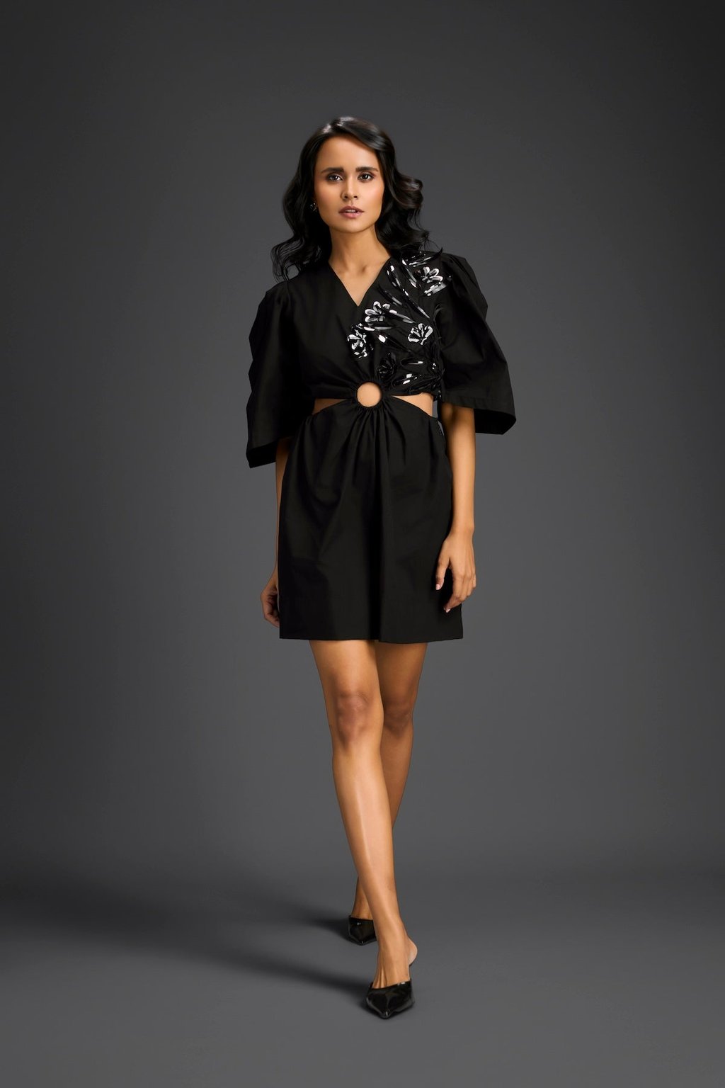 Black Puff Sleeves V-Neck 3d Embellished Dress