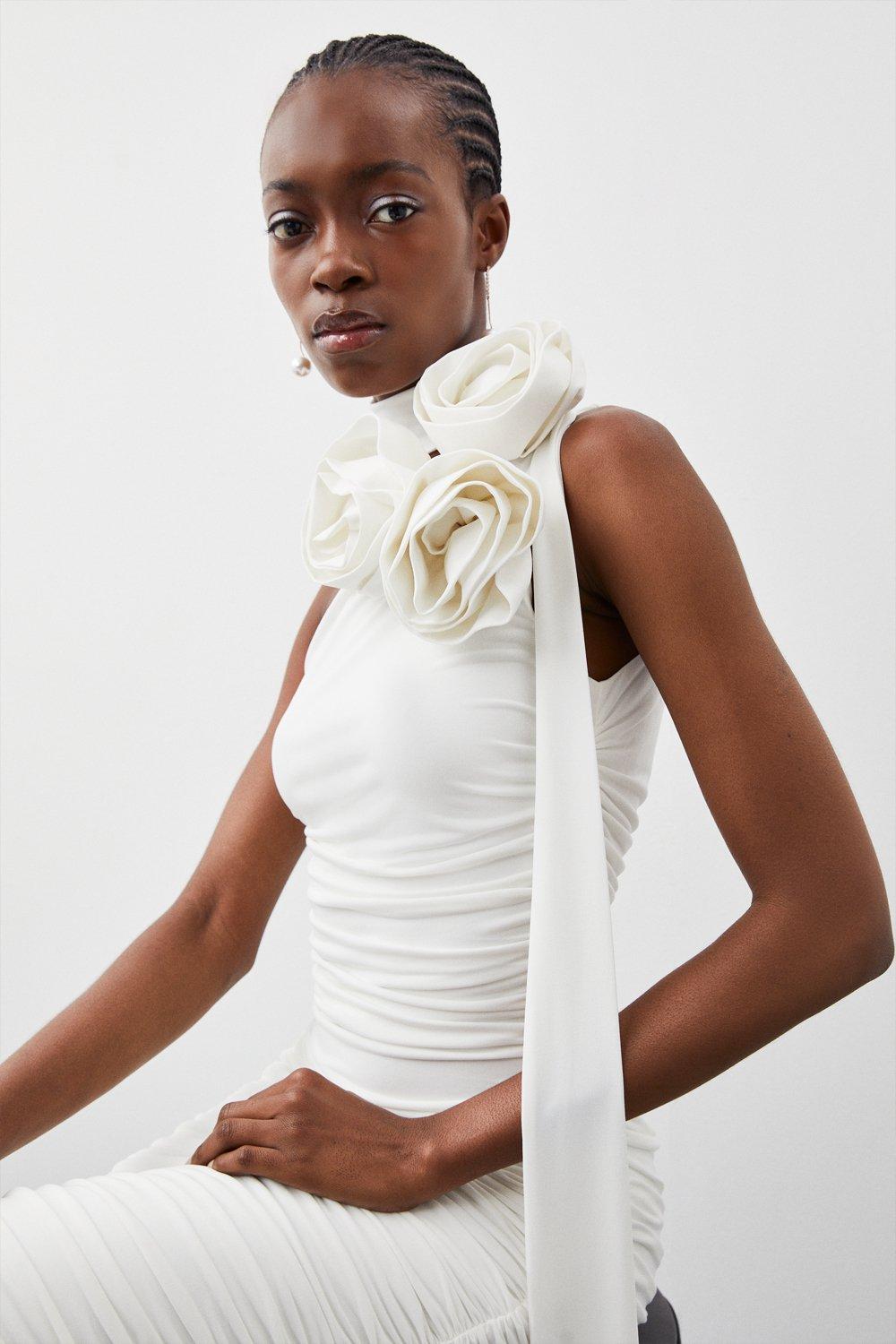 Drapey Ruched Jersey Rosette Midi Dress