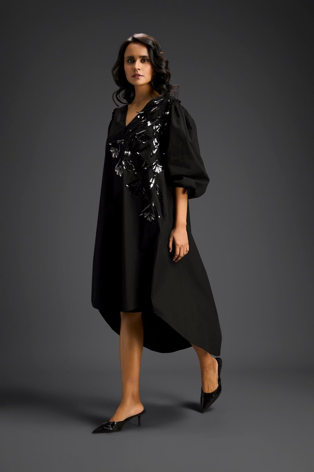 Black Embellished Puff Sleeve High-Low Dress