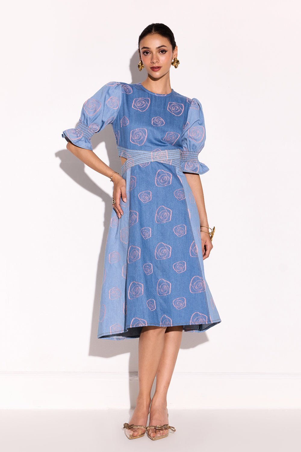Applique Roseatte Denim Midi Dress