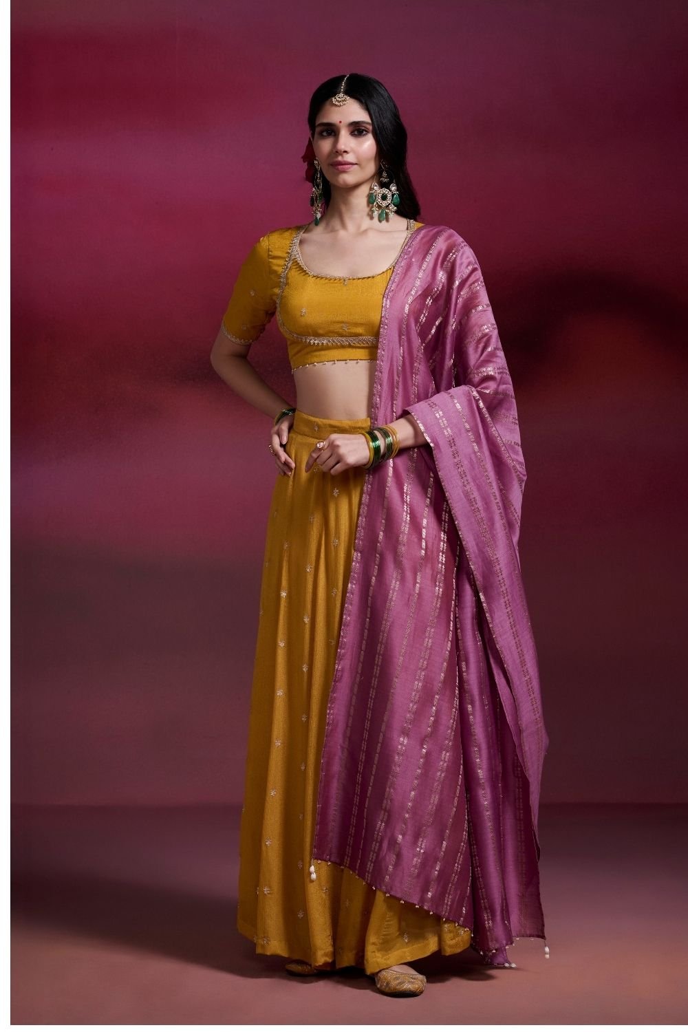 Kalindi Mustard Embroidered Viscose Lehenga Set