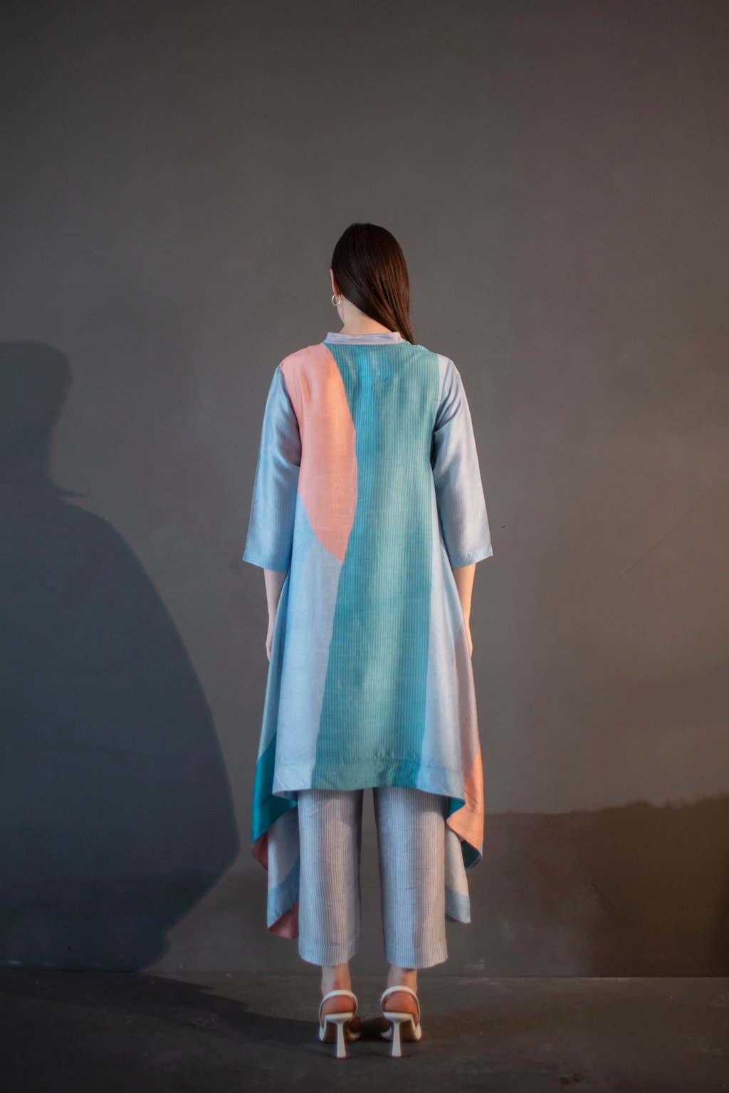 Blue & Orange Long Kaftan Tail Set