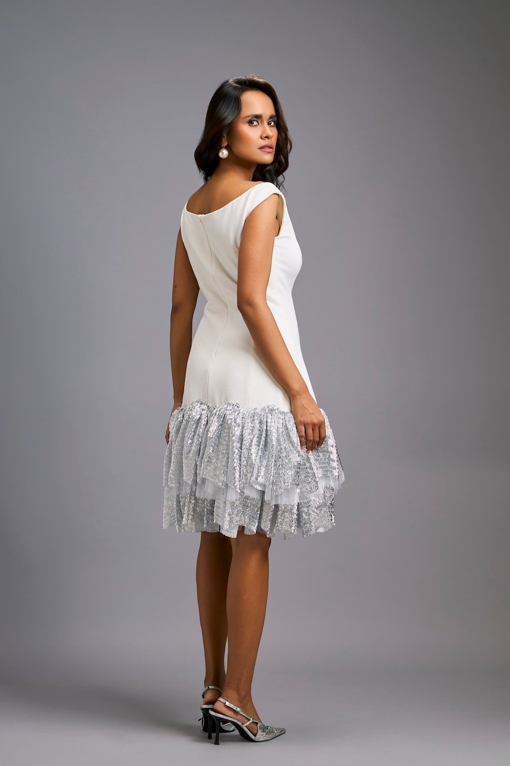 Off-Shoulder White Dress with Shimmer Ruffles