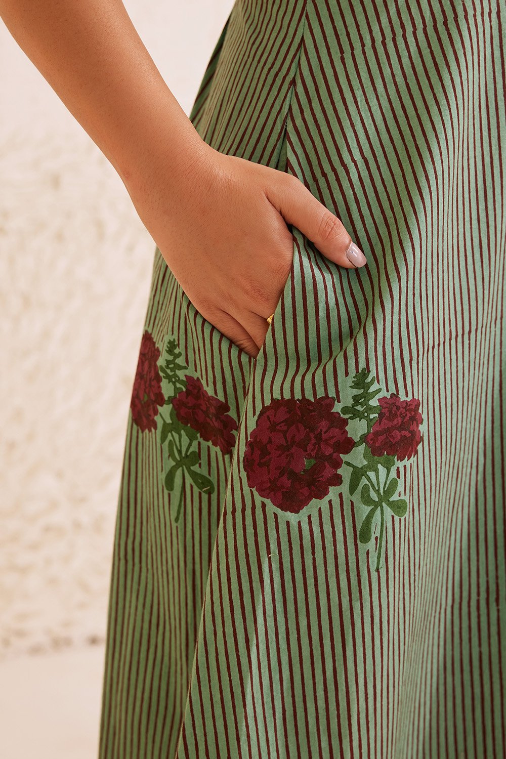 Teal Poplin Hand Block Floral Halter Neck Dress