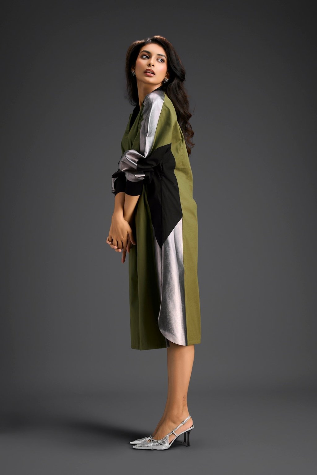 Olive Balloon Sleeve Midi Dress