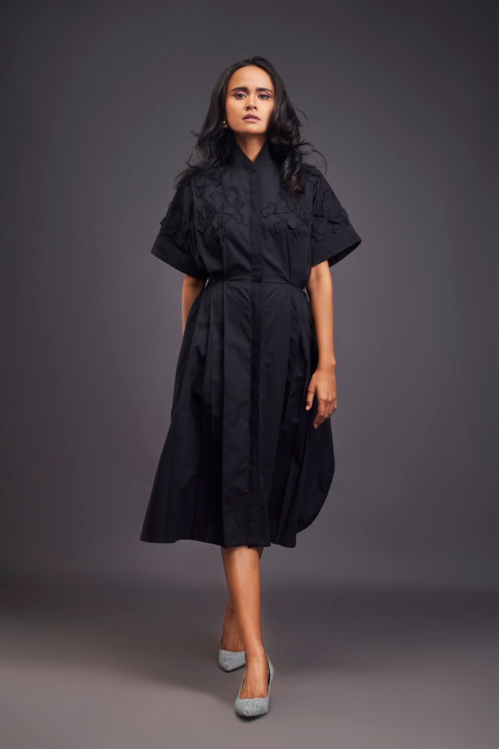 Pleated Oversized Shirt Dress with Patchwork Black