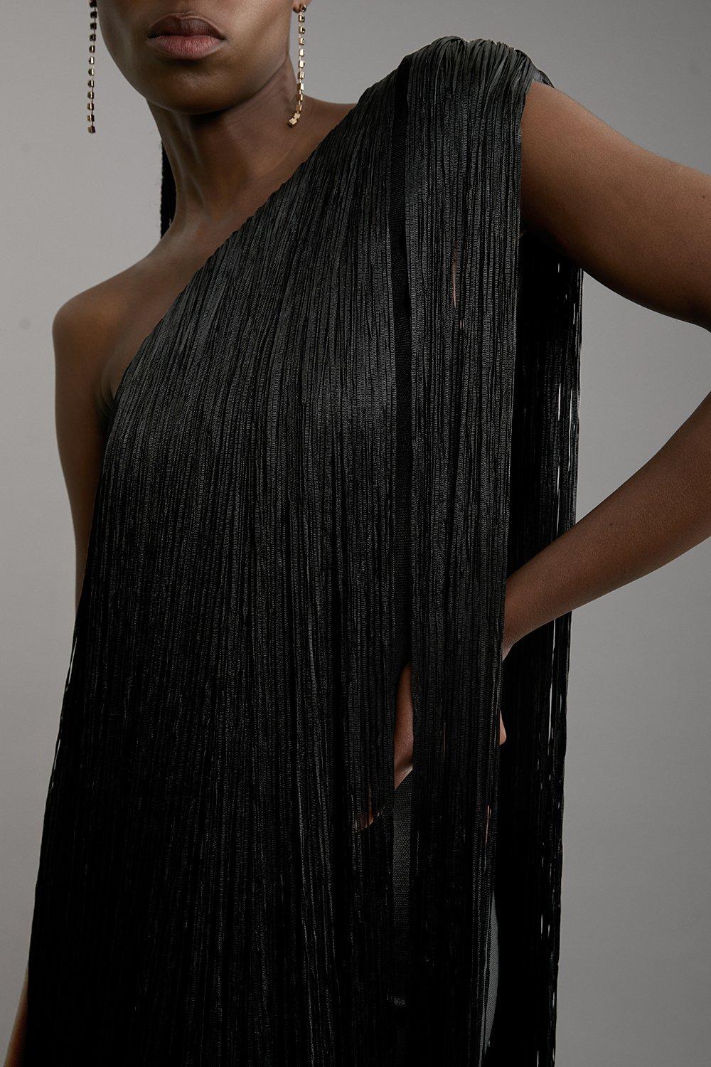 Figure Form Bandage One Shoulder Fringe Mini Knit Dress