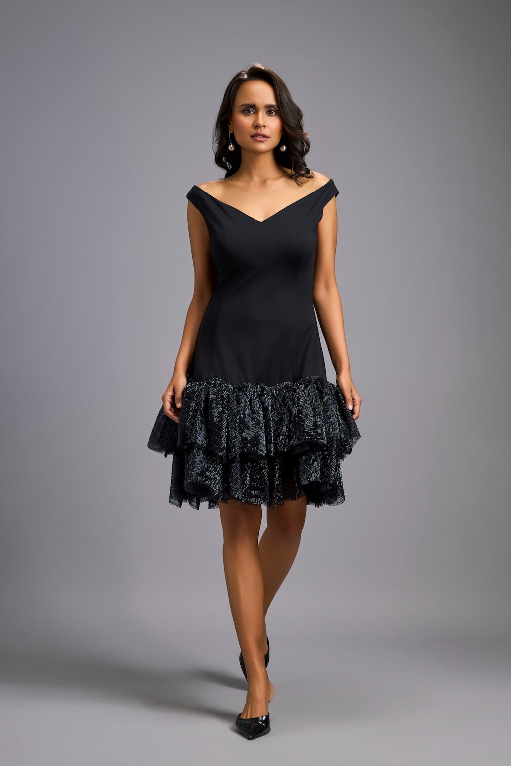 Off-Shoulder Dress with Shimmer Ruffles