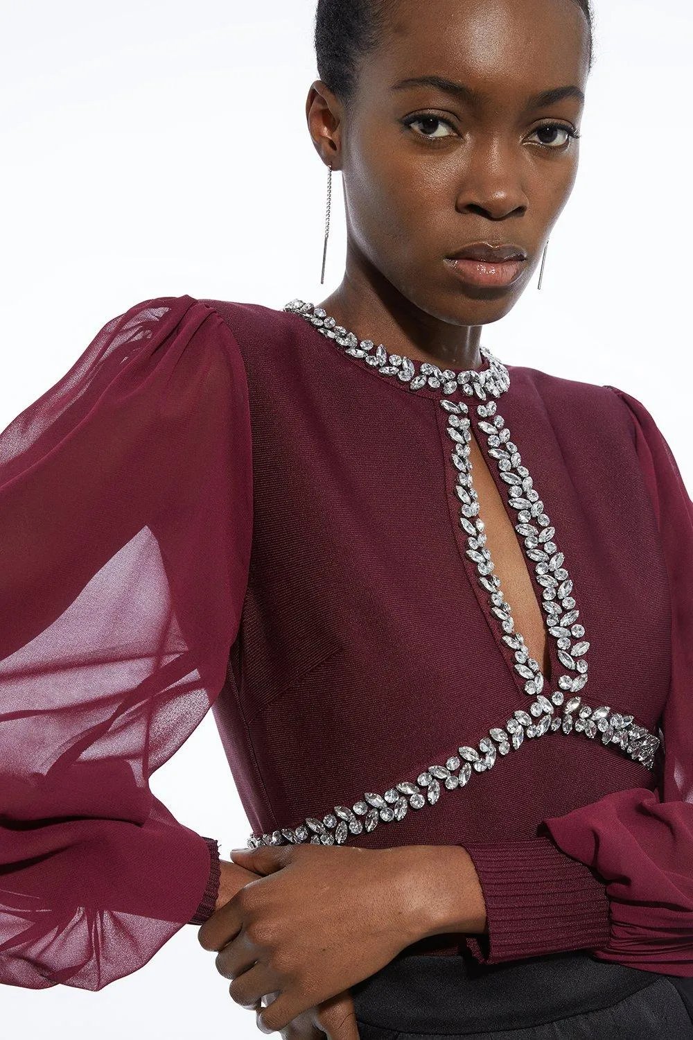 Bandage Embellished and Chiffon Sleeve Figure Form Knit Top