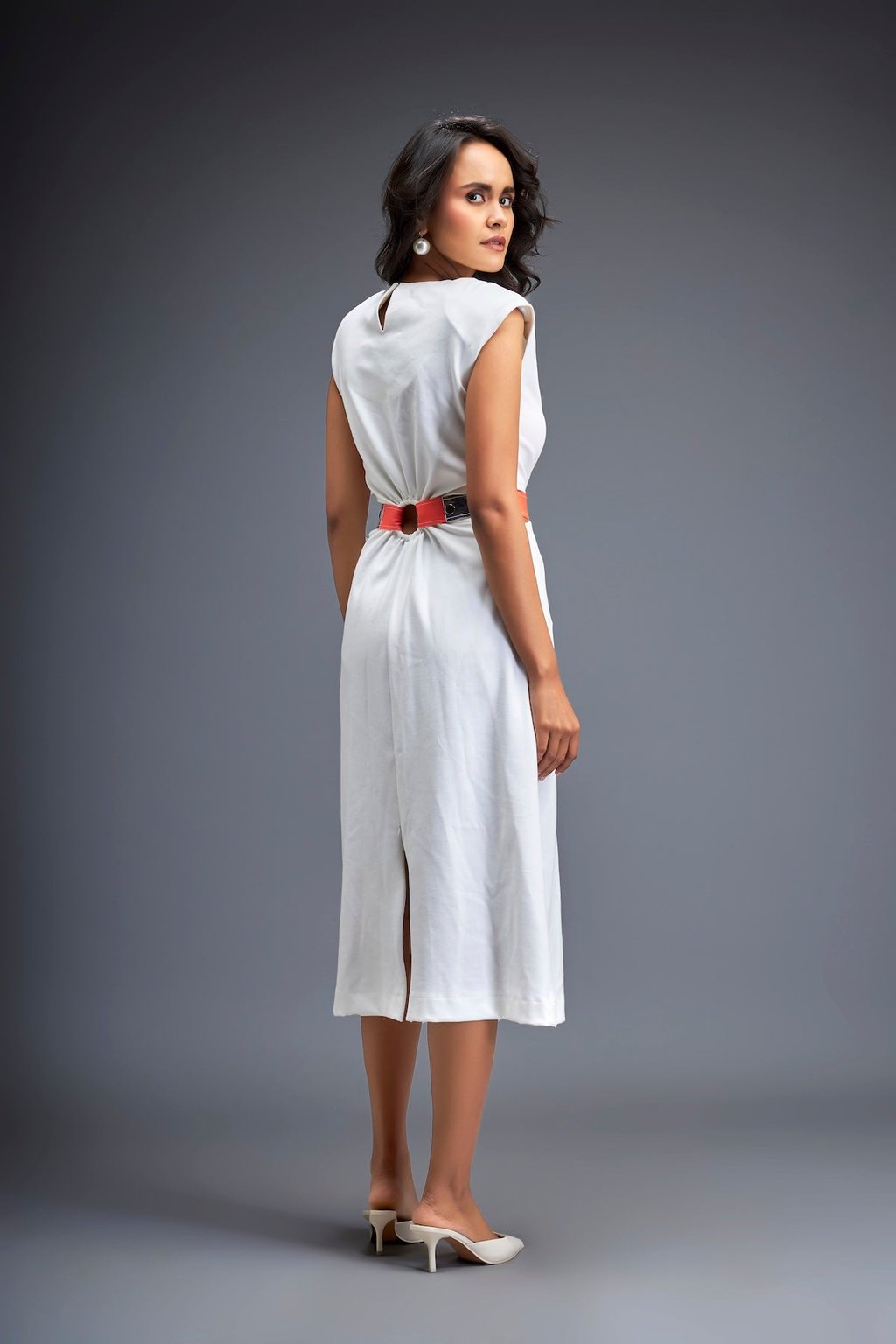 Gathered Waist Dress with Bold Contrast Belt