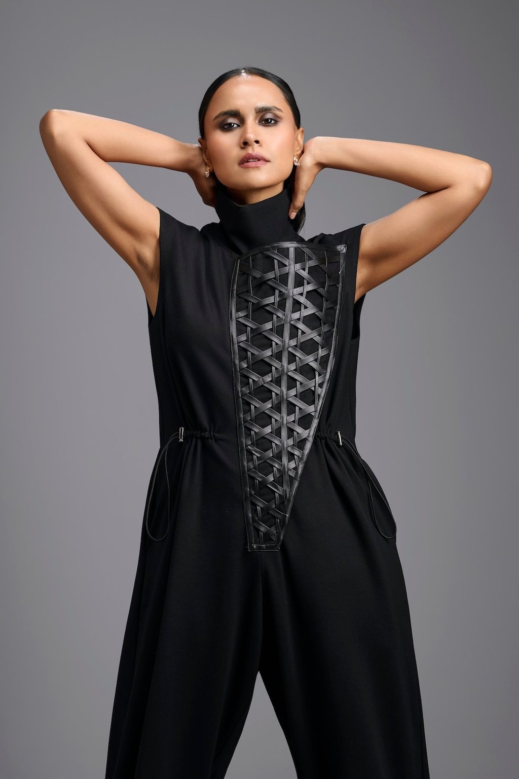 Jumpsuit with Woven Leather Panel