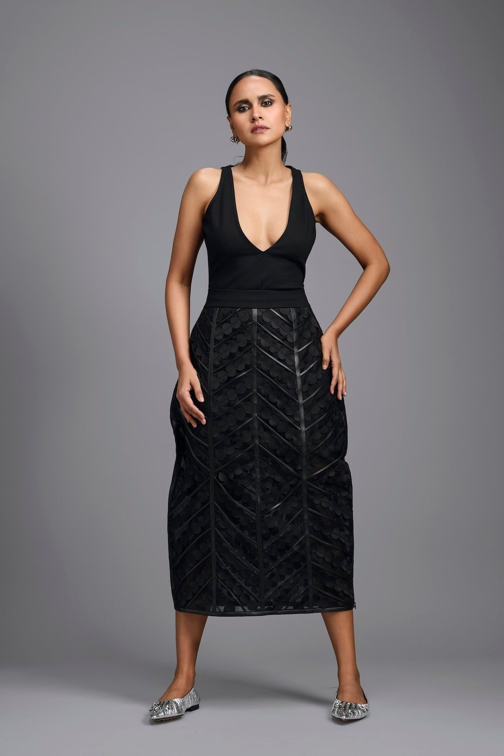 Midi Skirt with Geometric Panels