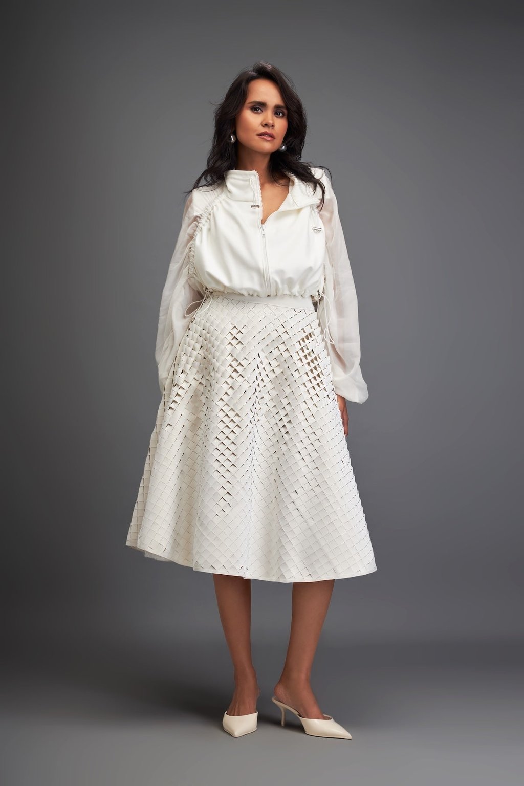 3d Textured A-Line Skirt with Grid Pattern