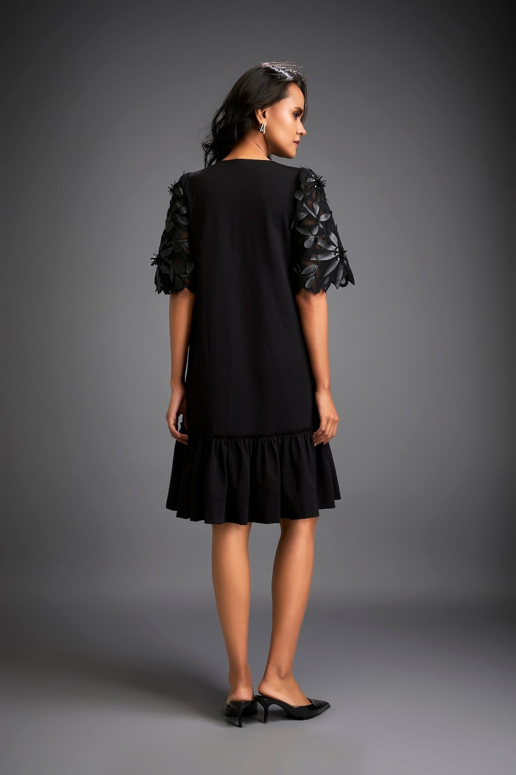V-Neck Dress With Leaf-Patterned Sleeves