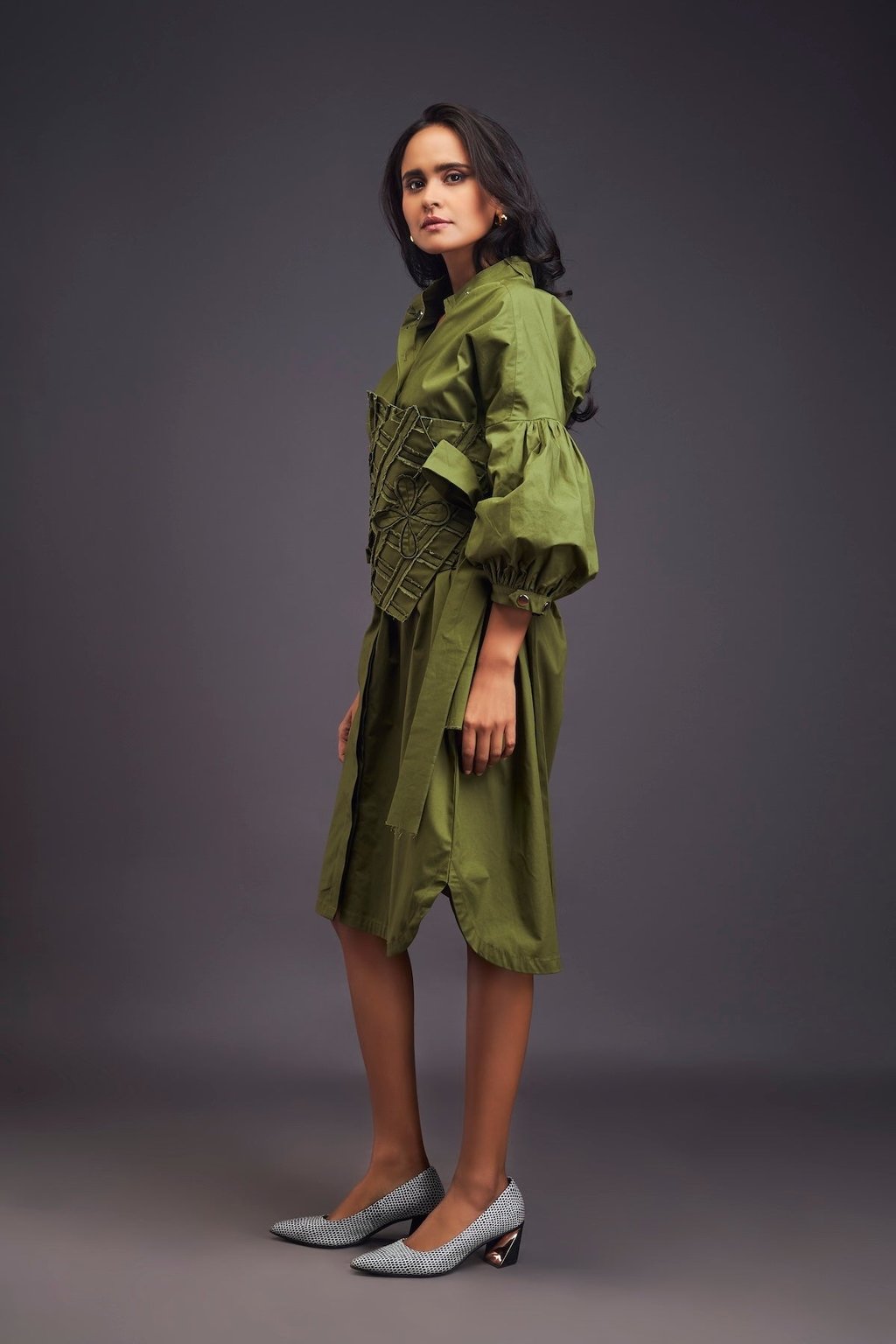 Shirt Dress with Applique Corset Style Tie up Belt