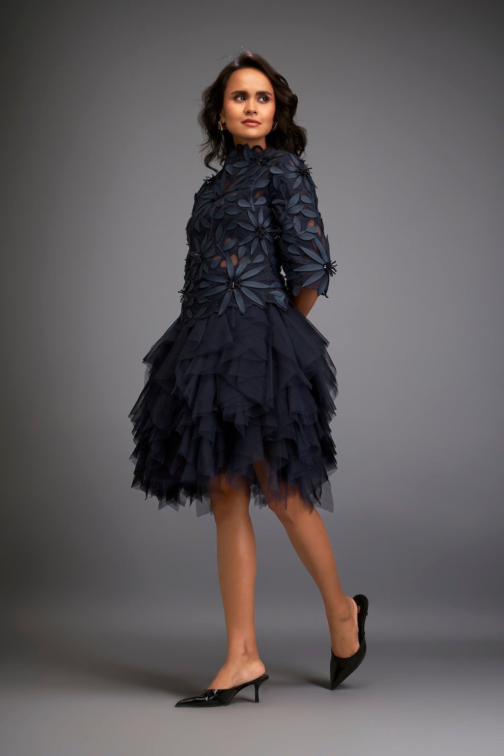 High-Neck Floral Applique Dress