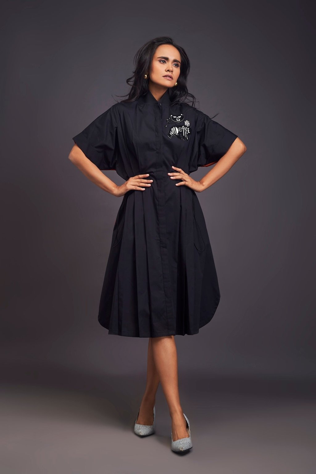 Pleated Oversized Shirt Dress with Patchwork
