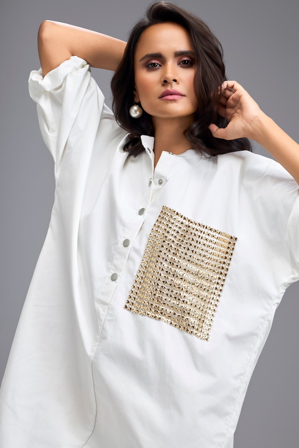 White Oversize Shirt Dress with Embellished Pocket