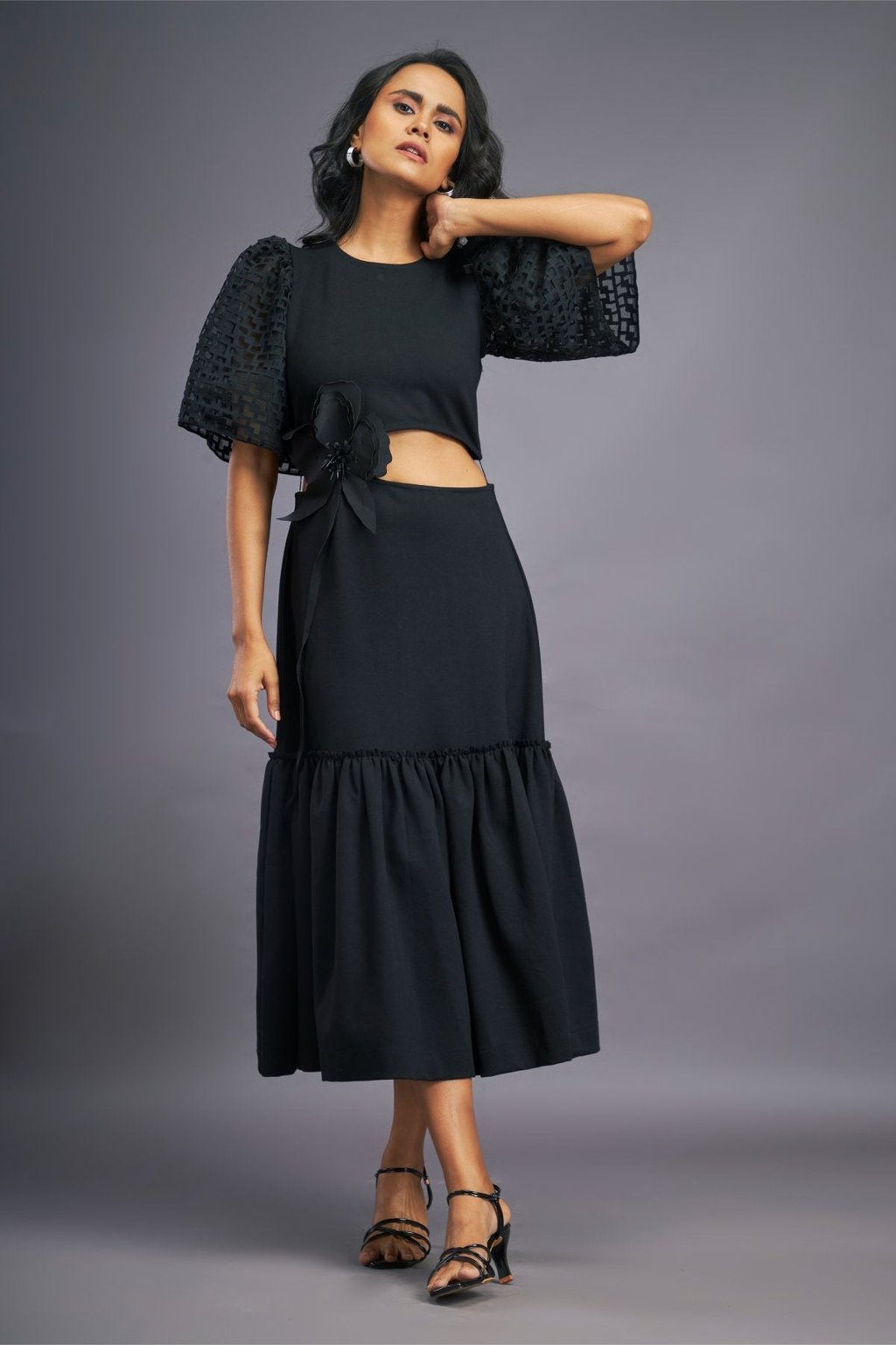 Cutout Ruffle Dress with Cutwork Sleeves