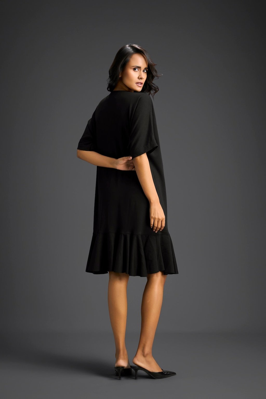 Black Short Sleeves Cut-Out Embroidered Dress