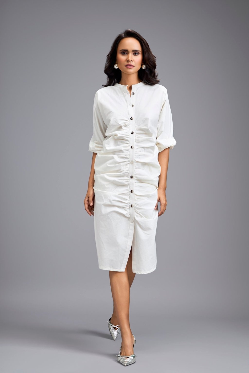 White Ruched Button-Down Shirt Dress
