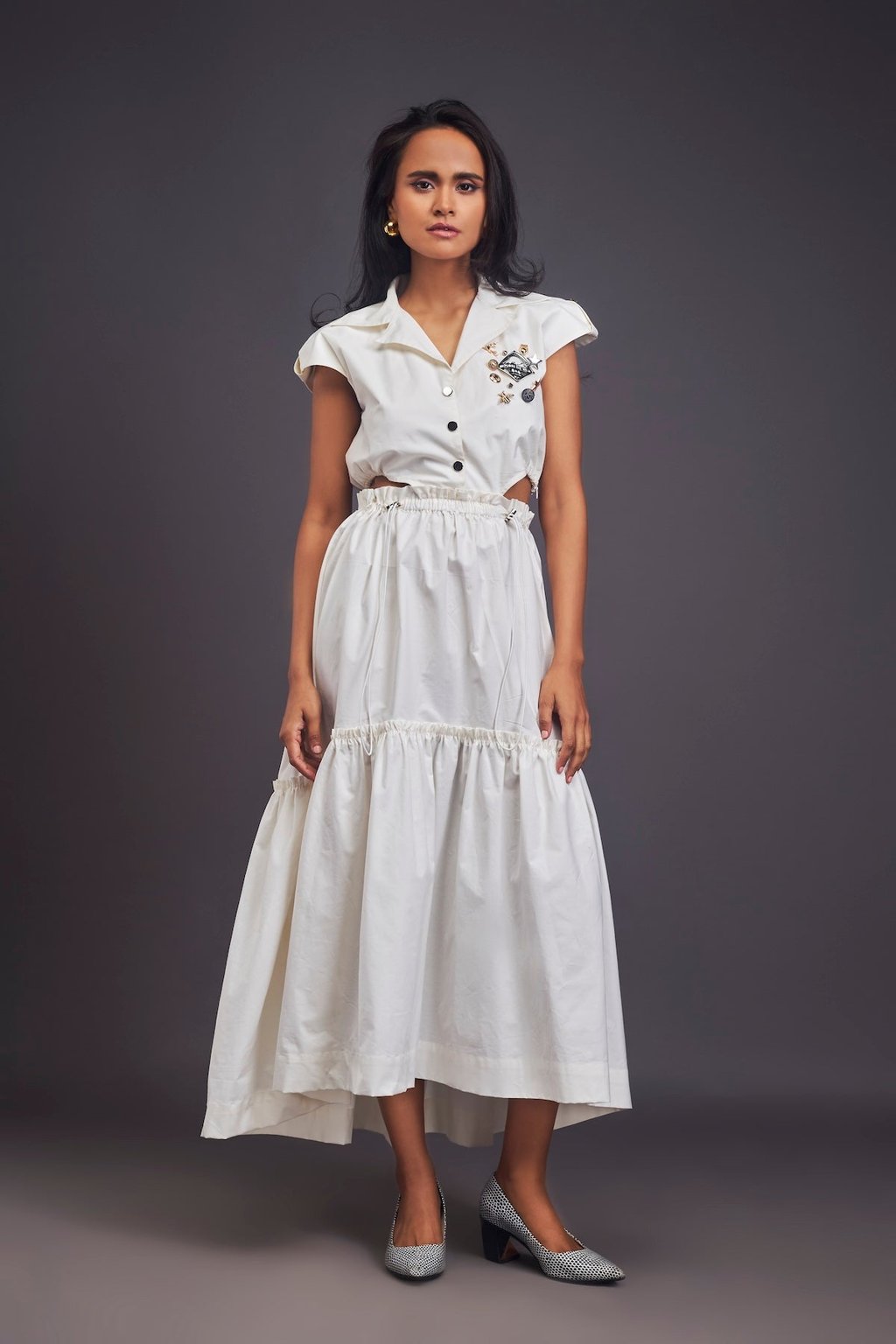 Lapel Collar Long Dress with Side Cutouts